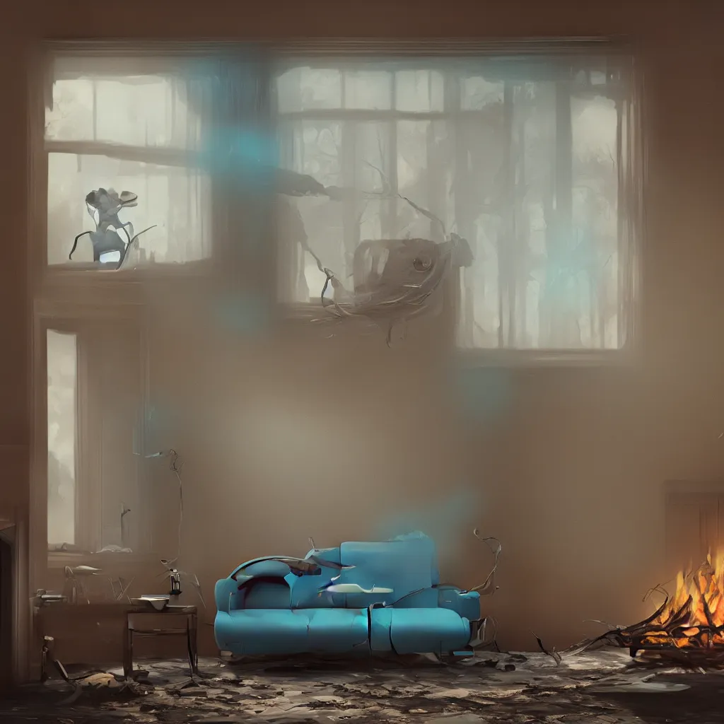 Image similar to intimate photograph of one single lone solitary cerulean and brown decaying futuristic robot lying on a frayed fainting couch in front of a beautiful fireplace with a cozy fire, in a dusty Victorian home, soft morning light seeping in a window, with cinematic lighting and lens flare, tall ceiling, octane render, cgsociety, by Simon Stalenhag and Rouhollah Toghyani and Sylvian Boussiron and Alfonso Cuaron, highly detailed closeup portrait, award-winning highly detailed 8k anamorphic closeup tight cinematic movie photograph