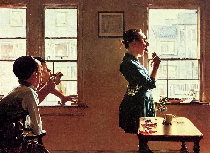 Image similar to a laughing man sitting by the window, a slim woman in the background, norman rockwell