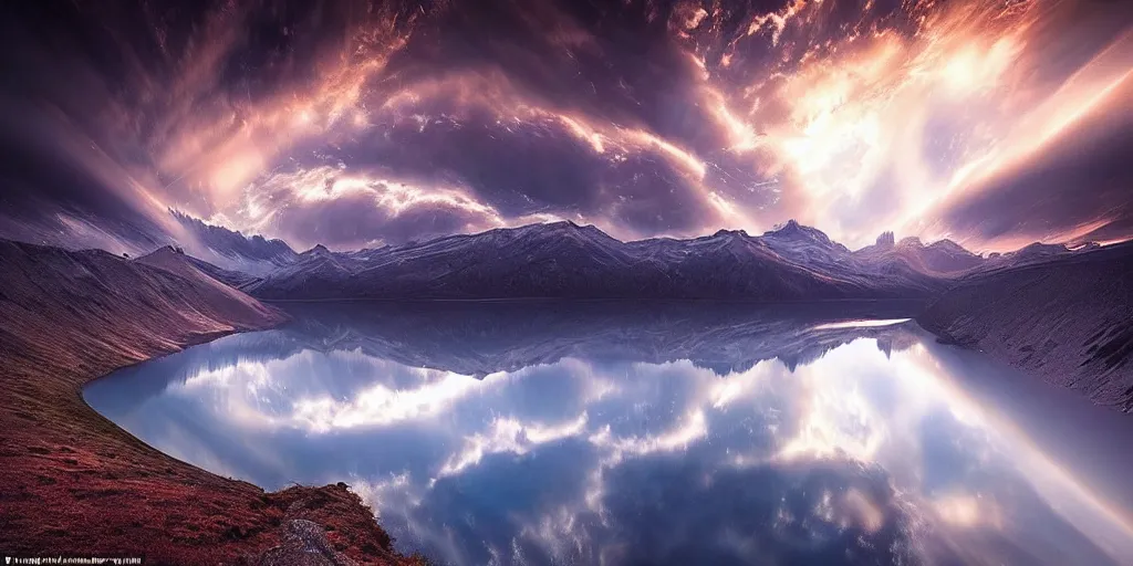 Image similar to amazing landscape photo of astronaut!!! with lake at sunise by Marc Adamus beautiful dramatic lighting, surrealism