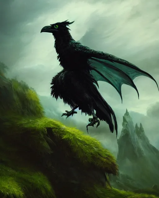 Prompt: oil painting of a Anthropomorphized raven shaman casting spell, spirit of green dragon behind in the clouds, sharp focus, heroic pose, fantasy style, octane render, volumetric lighting, 8k high definition, by greg rutkowski, highly detailed, trending on art Station, magic the gathering artwork, Woodland background, centered