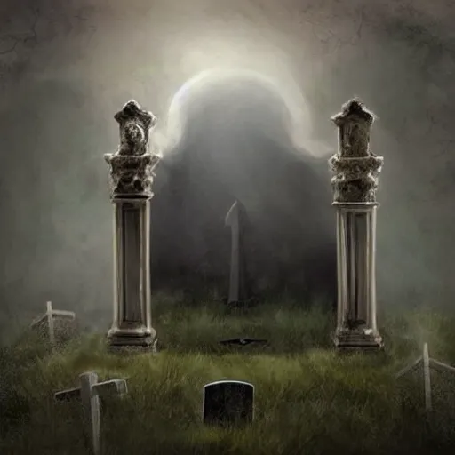 Image similar to ominous bedsheet ghost floating above a grave, oil painting, brush strokes, gloomy misty atmosphere, symmetrical, full body image, highly ornate intricate details,