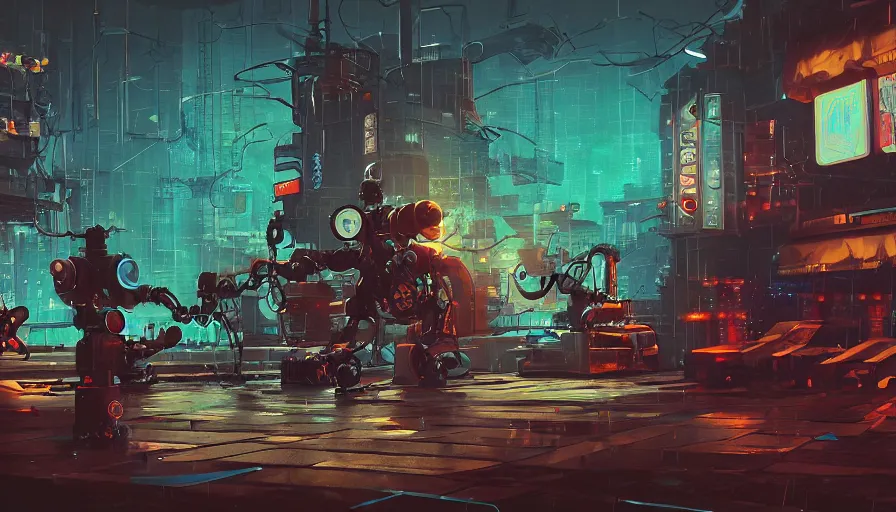 Image similar to a steampunk robot duels a cyberpunk robot, raining, sharp focus, james gilleard, cinematic, game art, extremely detailed digital painting