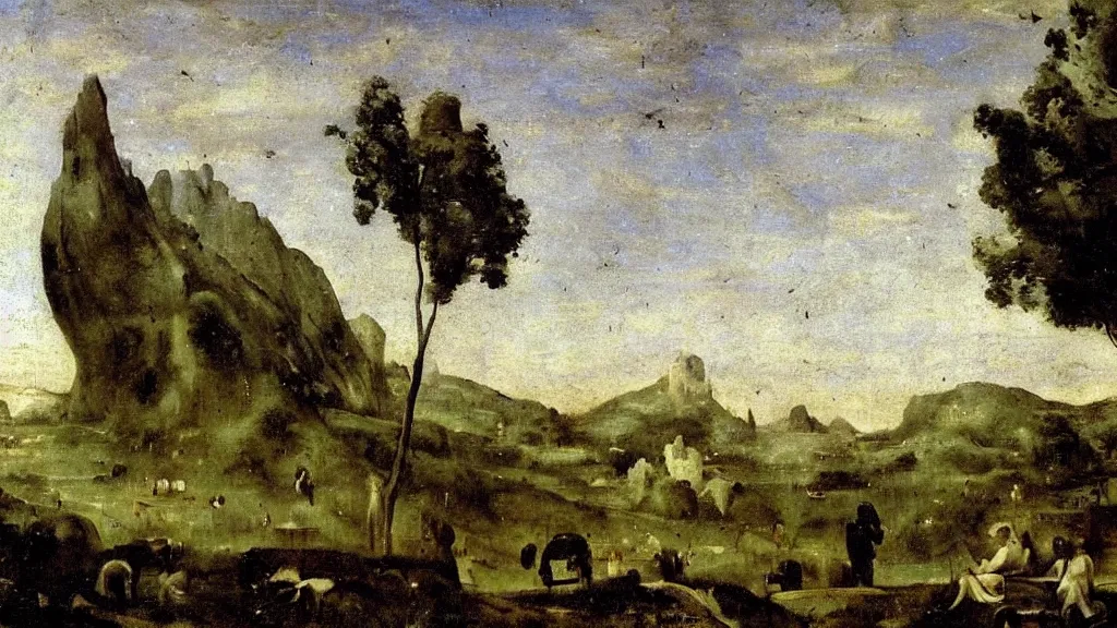 Image similar to high fantasy landscape, by camille corot, by hieronymus bosch, fine art, volumetric lighting