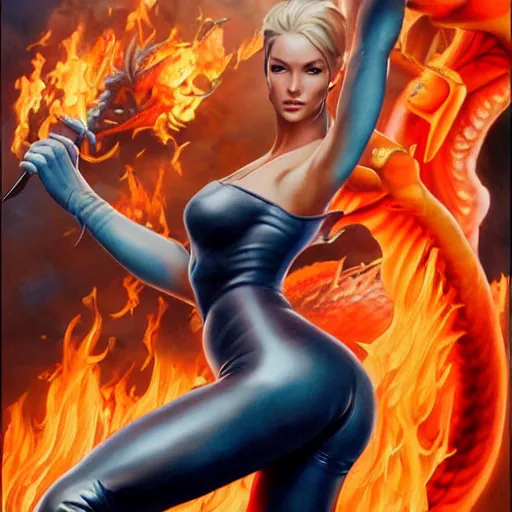 Prompt: a realistic airbrush painting of a nice looking girl with beautiful forms and skin-tight shiny leather leggings fighting a giant, flames spitting dragon with her sword, in style by hajime sorayama and boris vallejo, trending on artstation, 4K