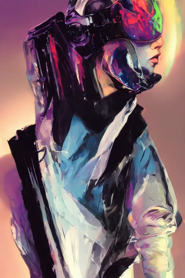 Prompt: digital fashion, androgynous person, punk rocker, tactical poncho latex rags, wearing a visor, techwear, iridiscent light, high key, cinematic lighting at night, neon, phil hale, boris vallejo, alberto mielgo, patrick o'keeffe