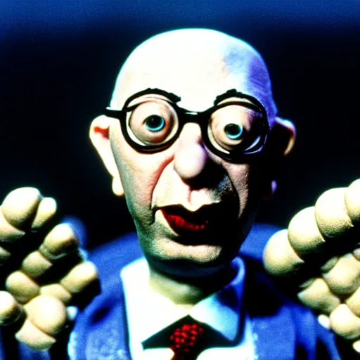 Prompt: claymation klaus schwab by jan svankmajer, hyperrealistic, very detailed, tim burton, 3 5 mm film still, gothic, horror, eldritch