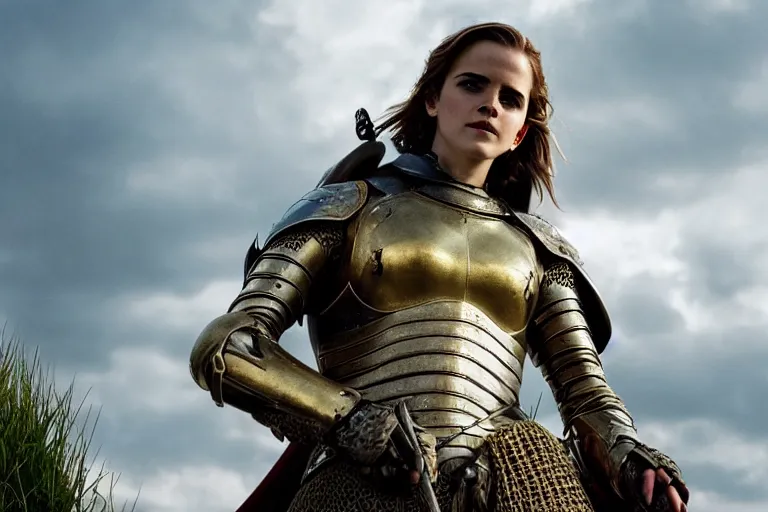 Prompt: promotional image of Emma Watson as Joan of Arc in the new movie directed by Steven Spielberg, full suit of gilded plate armor, verdant green fields, god rays, detailed face, holding a sword, movie still, promotional image, imax 70 mm footage