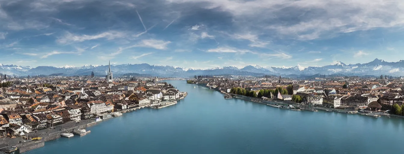 Image similar to Digital painting of Zurich, looking down the Limmat and the lake and the alps, wide angle, volumetric light, hyperdetailed, light blue water, artstation, cgsociety, 8k