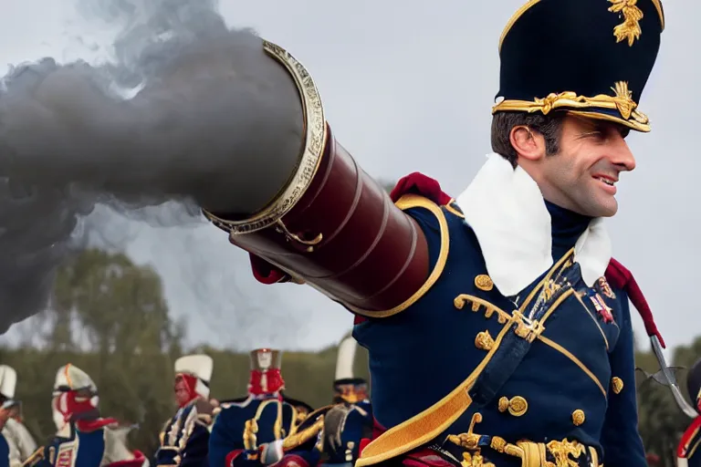 Image similar to closeup portrait of emmanuel macron dressed as napoleon firing a cannon at england, natural light, sharp, detailed face, magazine, press, photo, steve mccurry, david lazar, canon, nikon, focus