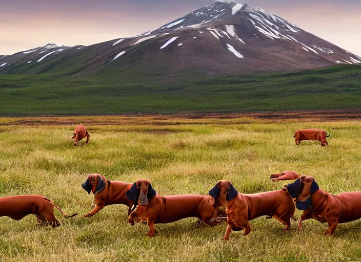 Image similar to Herd of dachshunds migrating in the Tundra, National Geographic photograph, very detailed, 8k