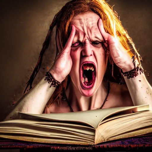 Prompt: enraged witch tearing her own book while screaming in frustration, comedy, fantasy, D&D, HDR, natural light, dynamic pose, award winning photograph, 8k, Mucha style,