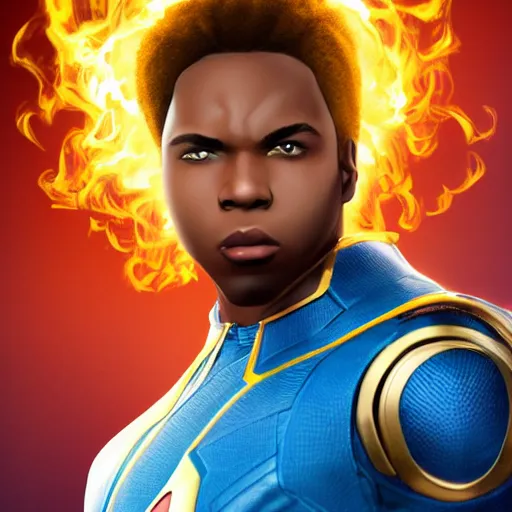Image similar to a marvel movie style portrait design featuring a young male african american superhero johnny storm with brown dreadlocks hair, blue uniform with the number 4 on the chest in a round logo, full body, hair and arms on fire, cinematic, high detail, no imperfections, extremely symmetric facial features, unreal engine, 8 k, by kevin fiege