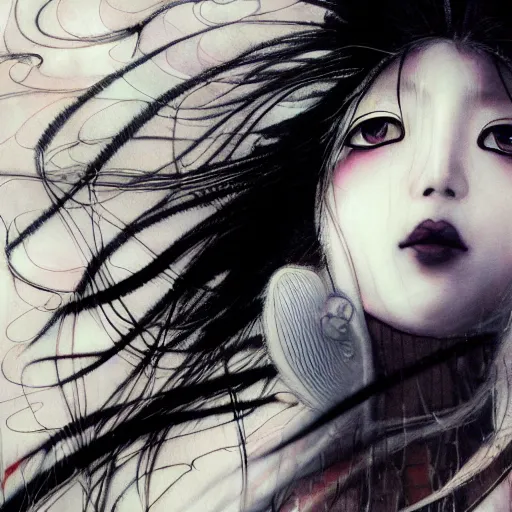 Image similar to yoshitaka amano blurred and dreamy realistic illustration of a japanese woman with black eyes, black lipstick, wavy white hair fluttering in the wind wearing elden ring armor with engraving, abstract patterns in the background, satoshi kon anime, noisy film grain effect, highly detailed, renaissance oil painting, weird portrait angle, blurred lost edges, three quarter view