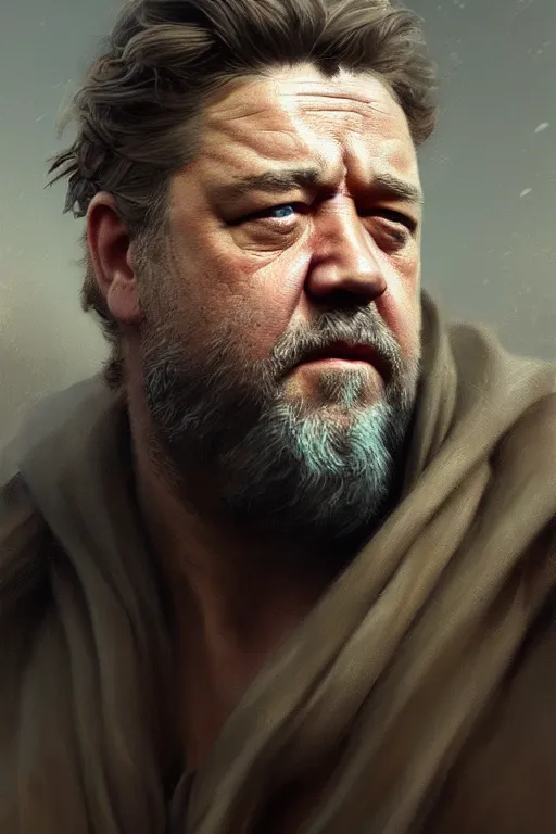 Image similar to ultra detailed close up facial portrait of russell crowe, extremely detailed digital painting, in the style of fenghua zhong and ruan jia and jeremy lipking and peter mohrbacher, mystical colors, rim light, beautiful lighting, 8 k, stunning scene, raytracing, octane, trending on artstation