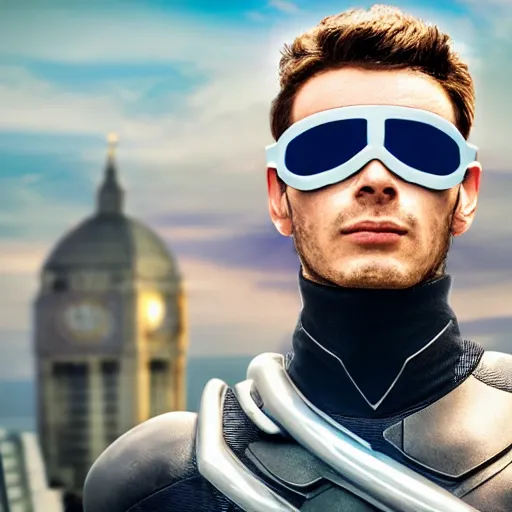 Prompt: portrait of a futuristic superhero, London behind him, hd, 4k realistic, award winning photo