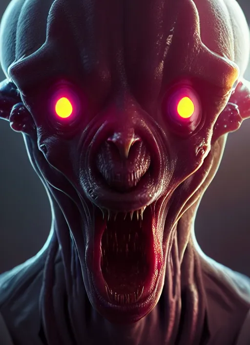 Image similar to portrait of a space alien, varying detailed skin, octane render, piercing glowing eyes, realistic render, detailed, ugly, slimy unreal engine, symmetrical!!, greg rutkowski and ruan jia, cinematic