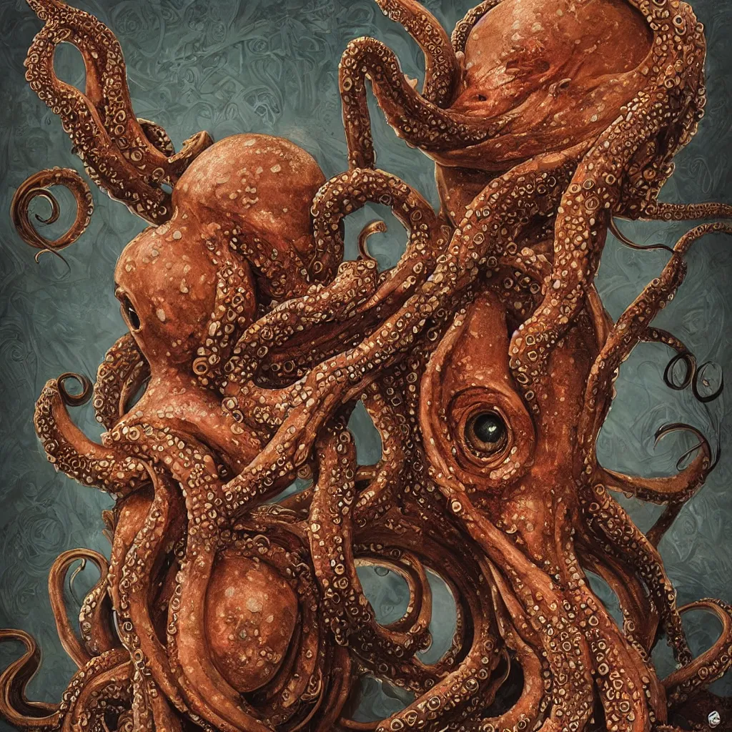Image similar to beautiful and exotic octopus head bust portrait, glowering judging eyes, art nouveau declotage, perfect symmetrical facial features, hyperrrealistic bone structure, extremely hyperdetailed, mixed media painting, unreal engine, 8 k, octane, 8 mm, by travis charest, rodney matthews and chris achilleos