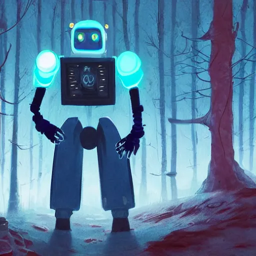 Image similar to a ghost - like creature with cyan skin, blue triangle eyes and blue - purple hair in blue armor with a long red scarf and grey robotic hand implants with sharp claws with glowing light - blue markings across the body hovering in the air with a friendly pose, art by simon stalenhag