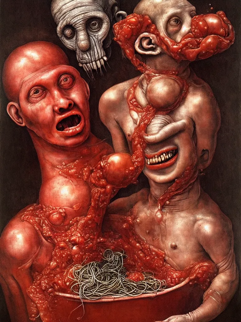 Image similar to a boy like eraserhead and elephant man sitting in a tub full of tomato sauce, looking straight into camera, screaming in desperation, by giuseppe arcimboldo and ambrosius benson, renaissance, fruit, intricate and intense oil paint, a touch of beksinski and hr giger and edward munch, realistic, rules of composition, headspace