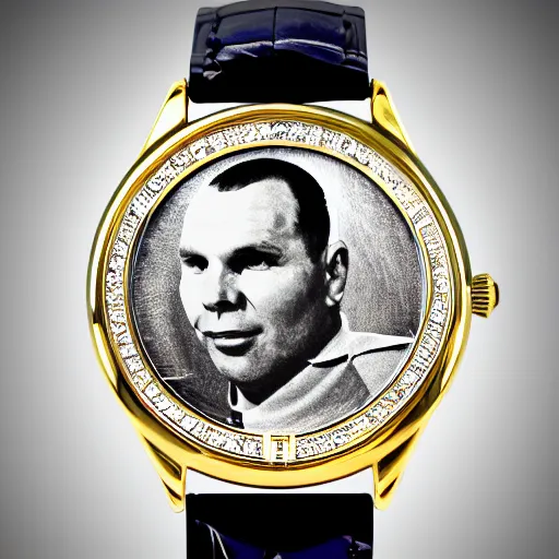 Image similar to watch, portrait of gagarin on the dial, gagarin, gagarin engraving, custom watc, gold silver, diamond, brilliant, super detailed, photorealistic, 8 k white background