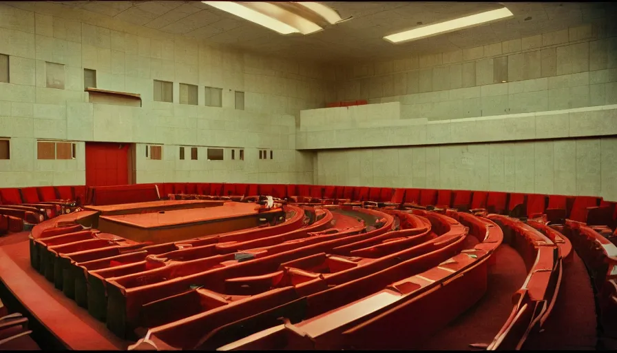 Image similar to 60s movie still of a sovietic stalinist style empty parlement, cinestill 800t 50mm eastmancolor, liminal Space style, heavy grain-s 150