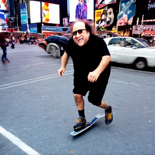 Image similar to photograph of danny devito skateboarding in times square, detailed face