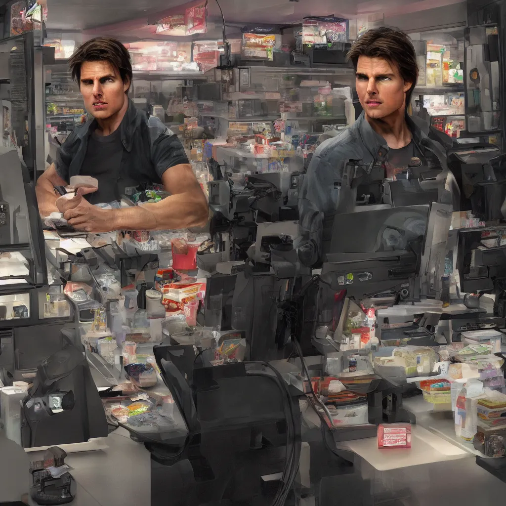 Image similar to Tom Cruise working as a 7/11 cashier, hyperdetailed, artstation, accurate, octane render, 8k, HD