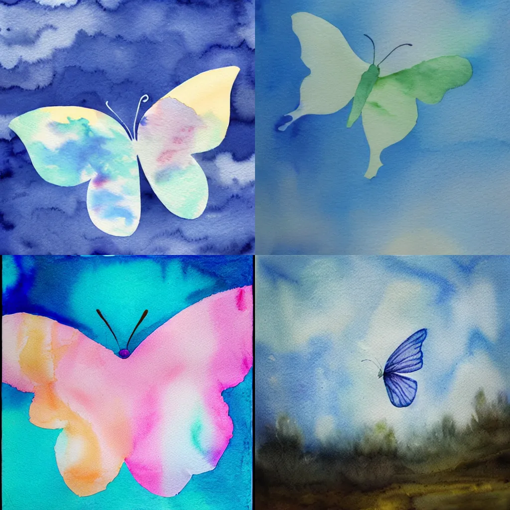 Prompt: a tissue paper butterfly flying in a watercolor sky