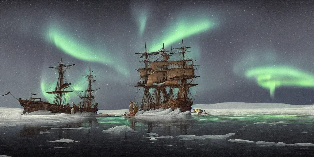 Prompt: digital painting of a 18th century ship stuck in ice on a cold sea at night. Sharp focus. Northern lights. Cinematic composition.