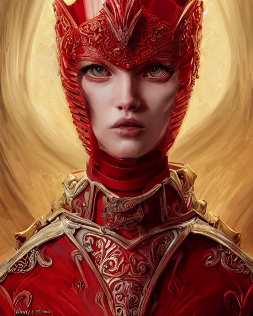 Image similar to redhead queen knight in red armor, inside grand hall in castle with rococo aesthetic, crown of roses, scarred face, elden ring, intimidating, high fantasy, intricate detail, digital painting, artstation, concept art, smooth, sharp focus, illustration, art by yoshitaka amano and monia merlo and wlop and artgerm