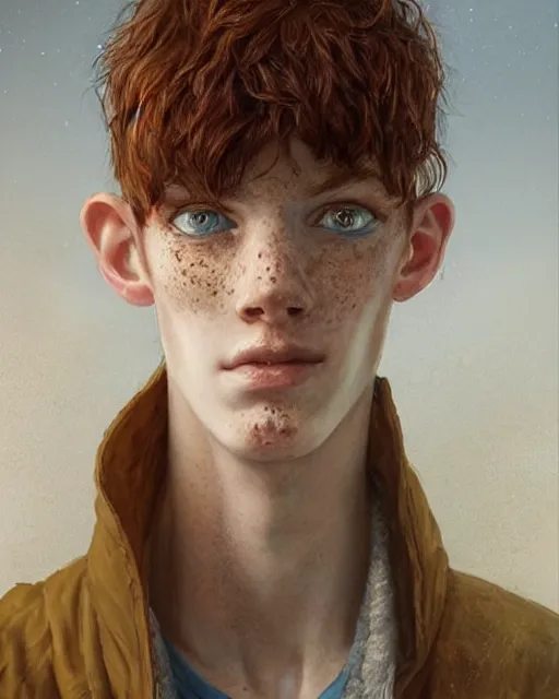 Image similar to portrait of tall, thin, 1 5 - year - old boy with a long nose, a lot of freckles, fiery red hair, and bright blue eyes, hyper realistic face, beautiful eyes, fantasy art, in the style of greg rutkowski, intricate, hyper detailed, smooth