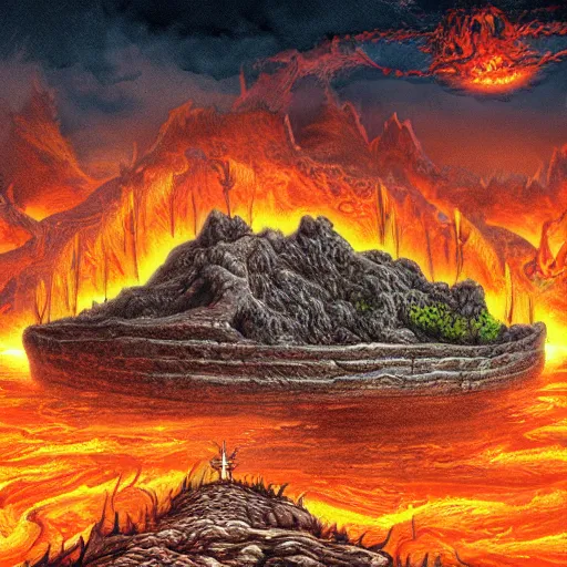 Prompt: wide landscape in hell, river styx, lava, ruins, fortresses, dark, hellscape, digital art