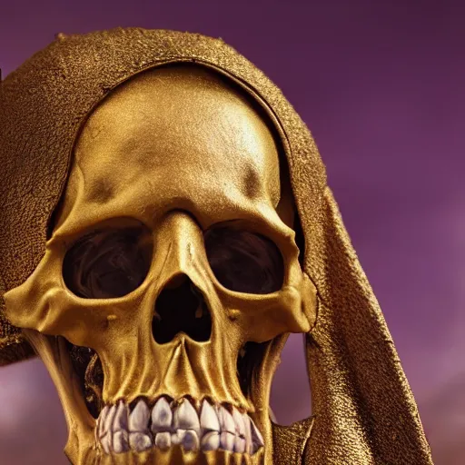 Image similar to photorealistic still portrait photograph of real - life ainz looking at the camera, overlord, regal purple gold robe, depth of field, soft focus, highly detailed, intricate, realistic, national geographic cover, textured detailed skeleton, professional archeological photograph