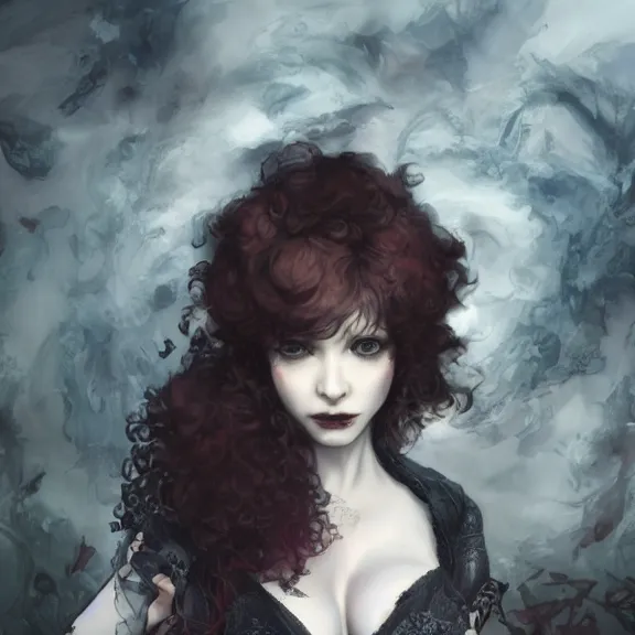 Image similar to christina hendricks!!!!! goth!!!!!, tankoban, 4 k, tone mapping, akihiko yoshida, james jean andrei riabovitchev marc simonetti, yoshitaka amano, long hair, curly, h. hydrochaeri