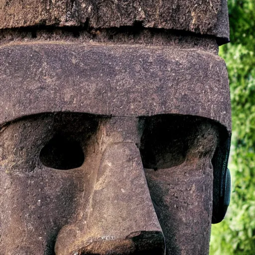 Image similar to a high detail photo of a moai wearing headphones, subject: moai, subject detail: wearing headphones