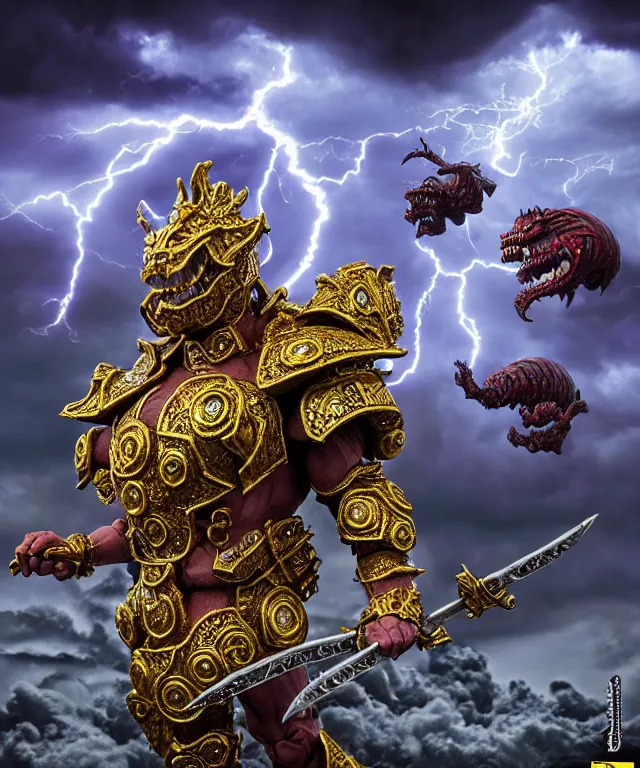 Image similar to hyperrealistic rendering, epic boss battle, ornate supreme demon overlord, jewel crown, battle armor, by art of skinner and richard corben and jeff easley, product photography, action figure, sofubi, storm clouds, outside, lightning