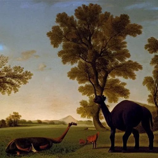 Prompt: oil painting by george stubbs of a man posing with a hippopotamus and a llama in a meadow at dawn.