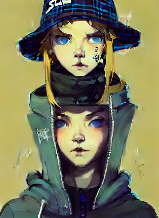 Prompt: highly detailed portrait of a sewer punk lady student, blue eyes, tartan hoody, hat, white hair by atey ghailan, by greg rutkowski, by greg tocchini, by james gilleard, by kaethe butcher, gradient yellow, black, brown and cyan color scheme, grunge aesthetic!!! ( ( graffiti tag wall ) )