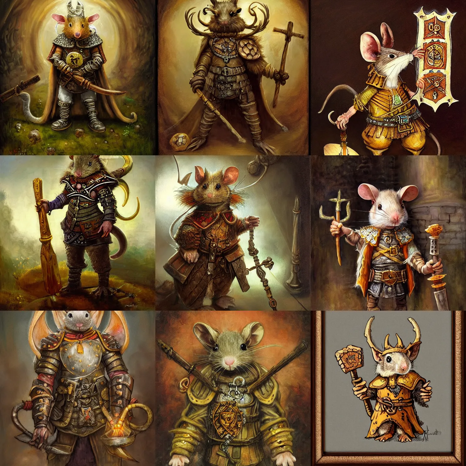 Prompt: a rat wearing a dnd cleric's outfit, druidic runes, mushrooms and spores, soft portrait, complete with a tabard and suit of armor and intricate wooden staff, magical realism, rhads, ray swanland, gary chalk, ( rembrandt )