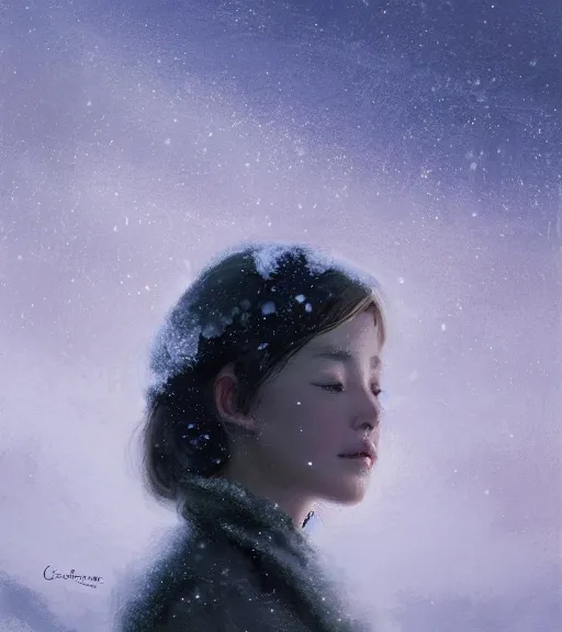 Image similar to face portrait of a beautiful girl in a coat, close portrait, snow - covered small house in a background, night, stars in the sky, the milky way in the sky, winter landscape, painting by craig mullins, octane rendering, wide angle lens, in the style of hayao miyazaki, trending on artstation,