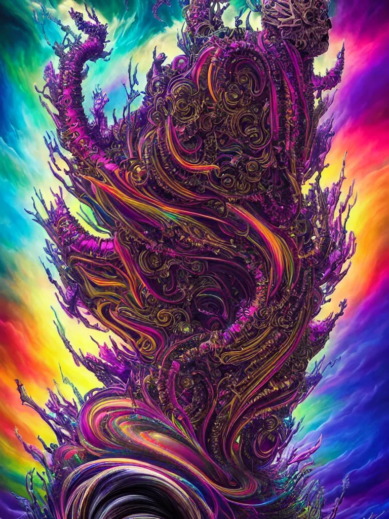 Image similar to depicting a wrathful technological nightmare monster god, in the style of lisa frank, exuberant organic elegant forms, by karol bak and filip hodas : : 1. iridescent, multicolored, holographic intricate mandala explosions : : intuit art : : turbulent clouds backdrop : : damask wallpaper : : atmospheric