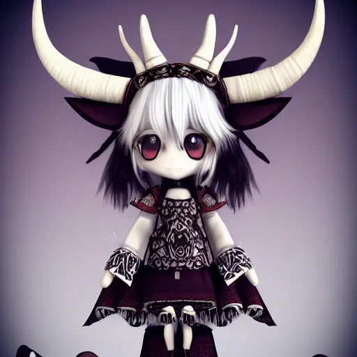 cute fumo plush of a goat girl with horns, anime girl