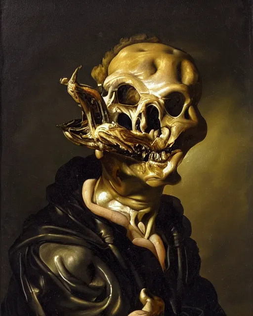 Prompt: refined gorgeous masterwork oil painting with black background by christian rex van minnen rachel ruysch dali todd schorr of a chiaroscuro portrait of an extremely bizarre disturbing mutated man with shiny skin acne dutch golden age vanitas intense chiaroscuro cast shadows obscuring features dramatic lighting perfect composition masterpiece