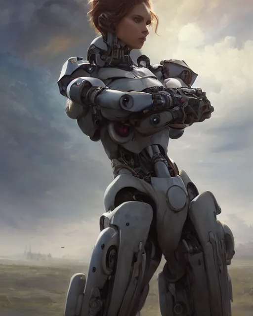 Prompt: daniel gerhartz and artgerm portrait digital rococo painting of a beautiful serious woman wearing a mecha suit, war torn battlefield in the background, unreal engine, hyper realism, realistic shading, cinematic composition, blender render, octane render, hdr, detailed textures, photorealistic, ultrawide shot, 3 5 mm film