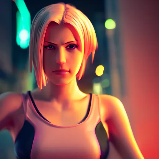 Image similar to Annie Leonhart in a neon city, octane render 8k, photorealistic render, atmospheric render, beautiful face, cute, love tension, realistic skin