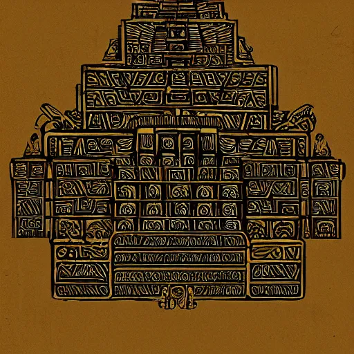 Prompt: precisely drawn illustration of a Mayan ziggurat decorated with skulls, old-fashioned tarot card, victorian playing card, sepia tone, wide angle, sharp, fine details, anime, manga, French comic style, cyberpunk, intense line art, 8k, precise linework, realistic, shaded lighting by katsuhiro otomo ghost-in-the-shell, magali villeneuve, artgerm, rutkowski Jeremy Lipkin and Giuseppe Dangelico Pino and Michael Garmash and Rob Rey and Moebius