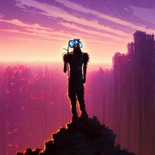 Image similar to a cyberpunk zulu warrior sitting on a cliff watching an enormous metropolitan city burn!! from a distance at night, fire, by alena aenami and android jones and greg rutkowski, Trending on artstation, hyperrealism, elegant, stylized, highly detailed digital art, 8k resolution, hd, global illumination, radiant light, detailed and intricate cyberpunk ghetto environment, rendered in octane, post processed, wide angle