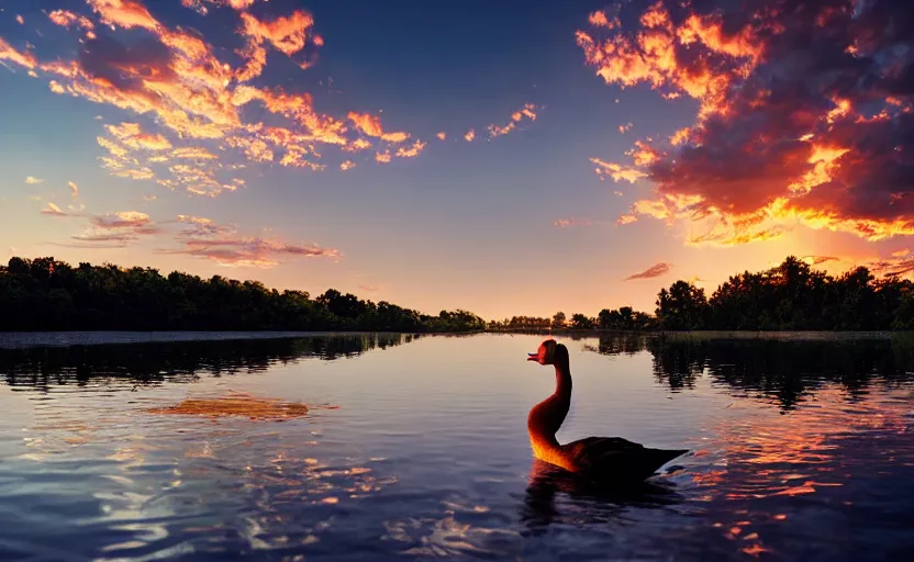 Image similar to Muscovy duck dancing on water, beautiful flowing fabric, sunset, dramatic angle, 8k hdr pixiv dslr photo by Makoto Shinkai and Wojtek Fus