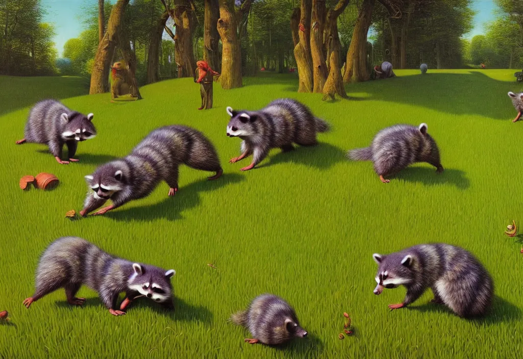 Image similar to hyper detailed 3d render like a Oil painting - playful raccoons frolic in a peaceful lush meadow, by Jacek Yerka, Mariusz Lewandowski, Houdini algorithmic generative render, Abstract brush strokes, Masterpiece, Edward Hopper and James Gilleard, Zdzislaw Beksinski, Mark Ryden, Wolfgang Lettl, hints of Yayoi Kasuma, octane render, 8k