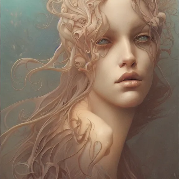 Image similar to a highly detailed beautiful portrait in the style of jean delville and in the style of peter mohrbacher.